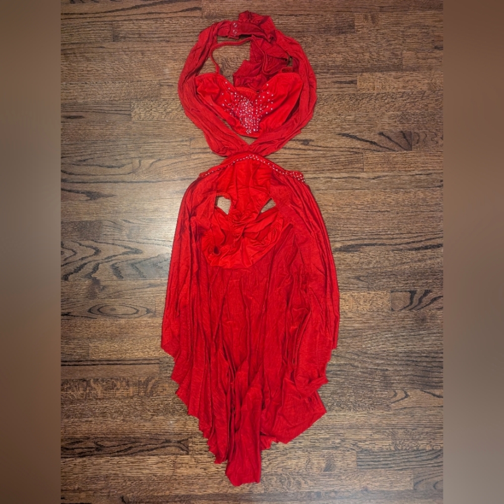 Red Bedazzled One Piece With Skirt Attached